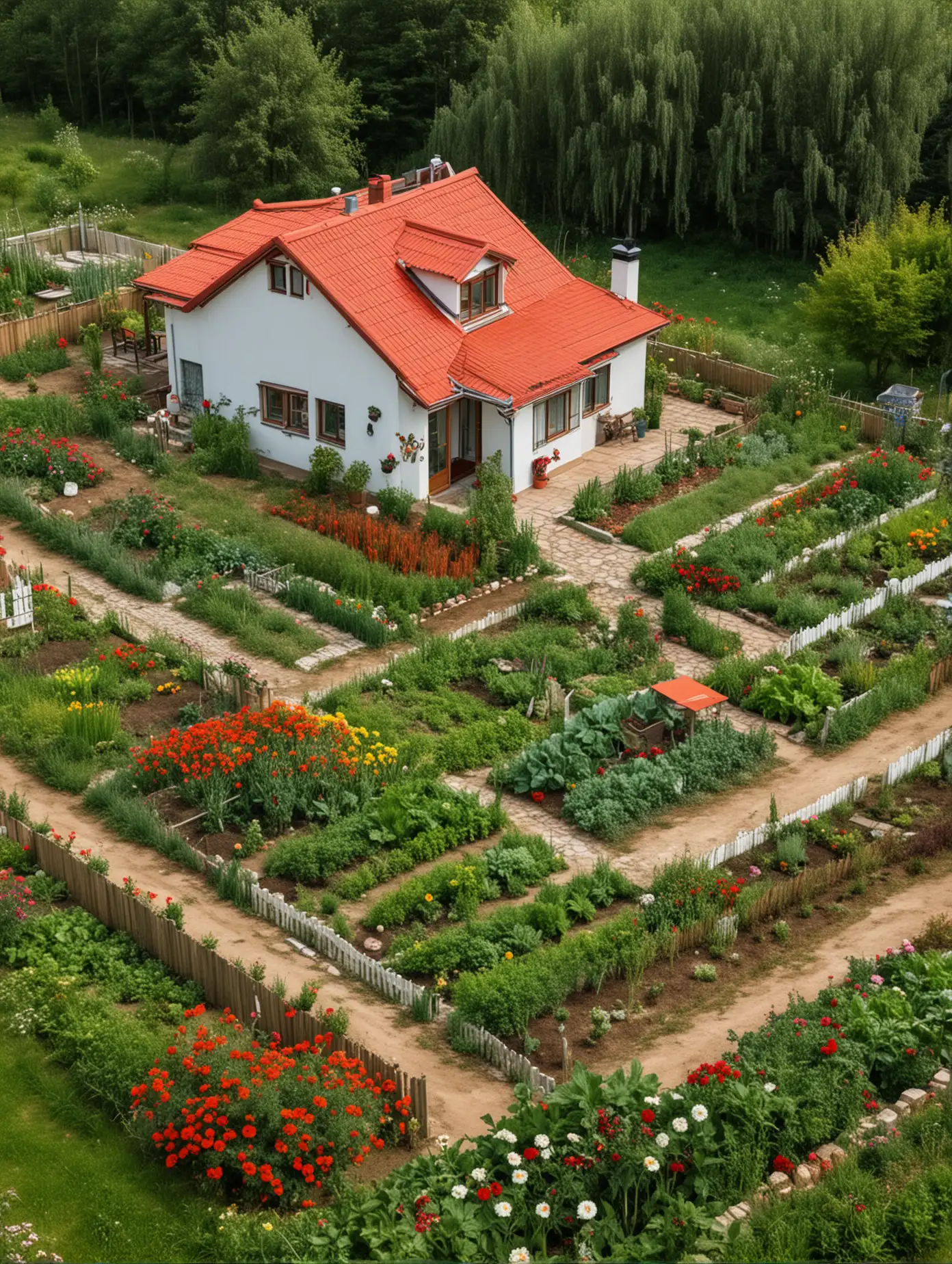 Rural house with yard, Modern style house,Red Roof, There is a vegetable patch in the yard, flowers