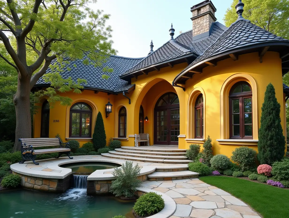 crooked house garden -with yellow stucco with white ornaments in the form of circles black roof, large windows with glass, curved, rough window shapes, winding grand entrance stairs made of marble a small waterfall complex curved roof with dike, lanterns, bench apple tree 4K resolution colorful super wide-angle shots