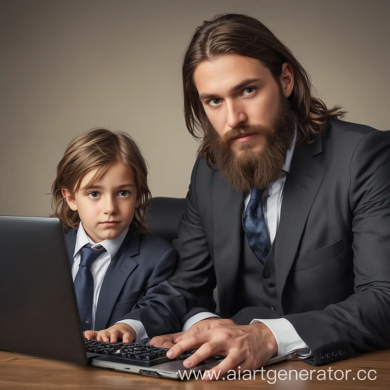 Bearded-Man-with-Long-Hair-and-Boy-in-Suit-at-Computer