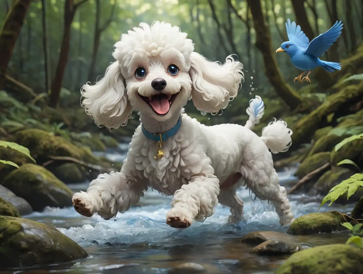 Forest-Stream-Playtime-White-Poodle-and-Blue-Bird-in-3D-DisneyInspired-Scene