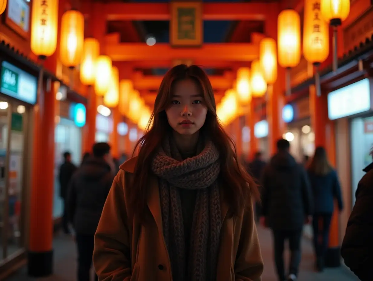 Japanese-Girl-in-Modern-Winter-Fashion-Walking-Through-Kyoto-Shrine-at-Night