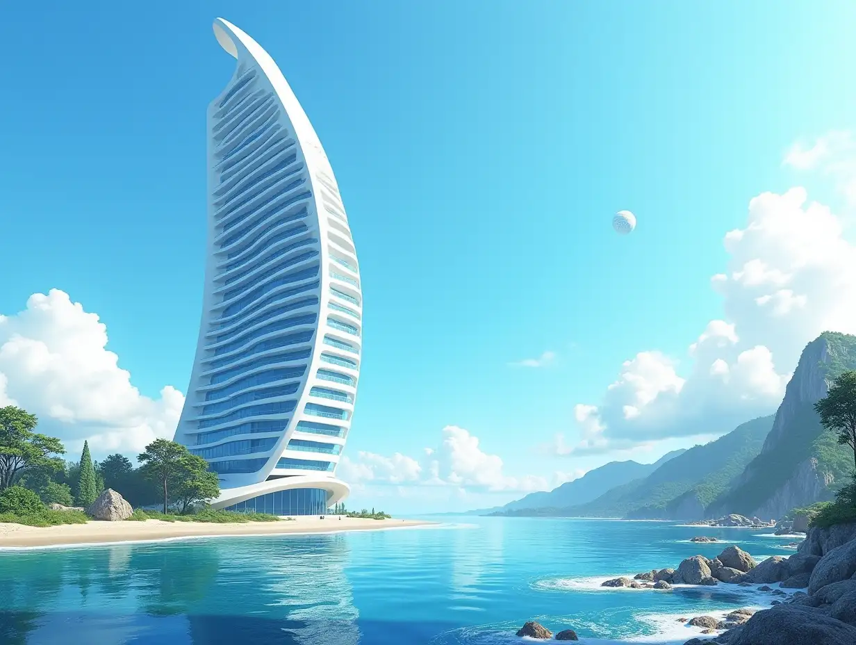 Create a high-resolution, realistic image of a very tall futuristic building with windows twisted like a snail shell with blue and white facades with sea view with very large waves, big trees, rocks, blue sky