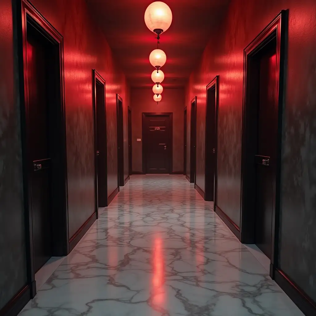 Backrooms with white marble flooring, eerie red lighting.