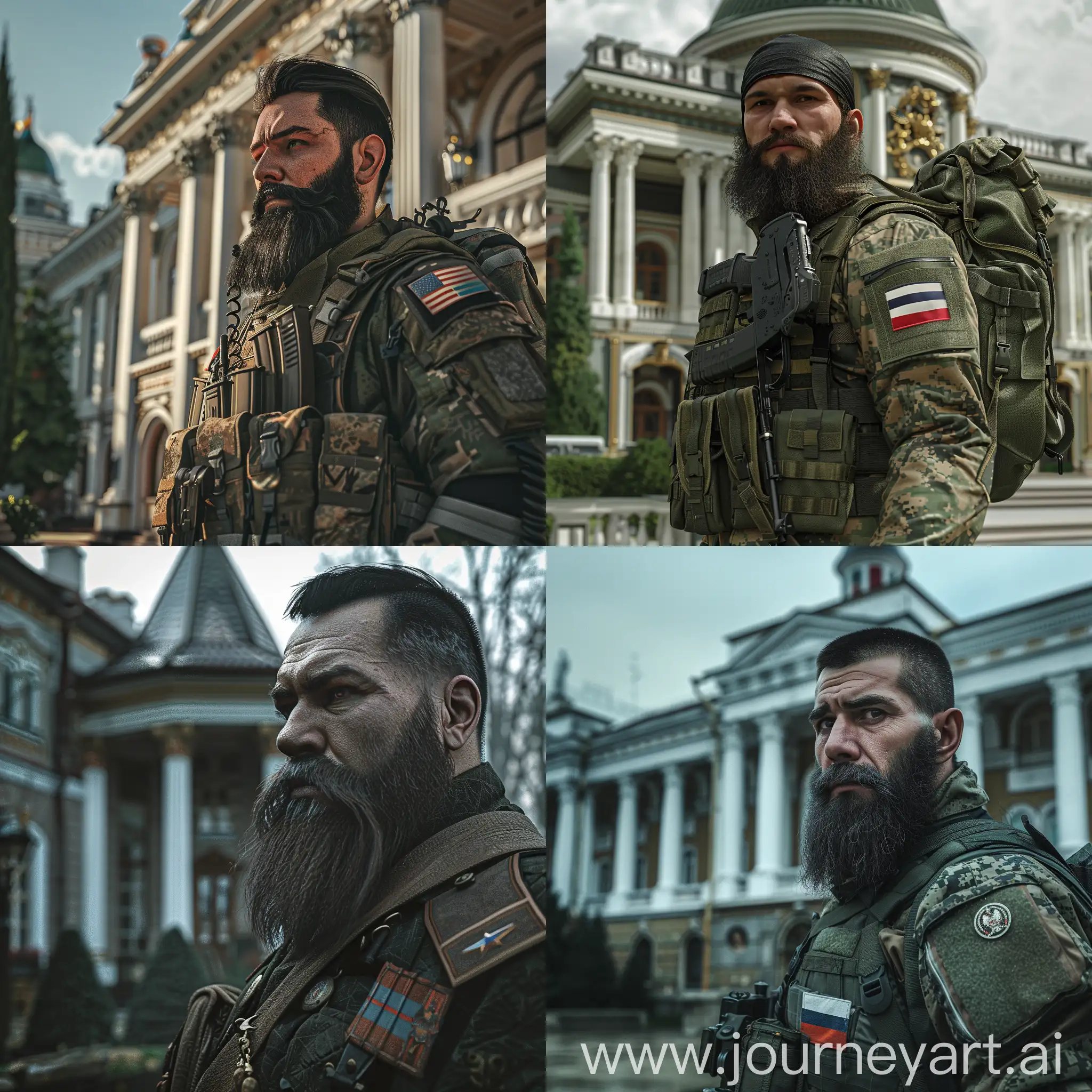 Chechen-Man-in-Military-Uniform-near-Luxurious-Mansion-with-Russian-Flag-Patch