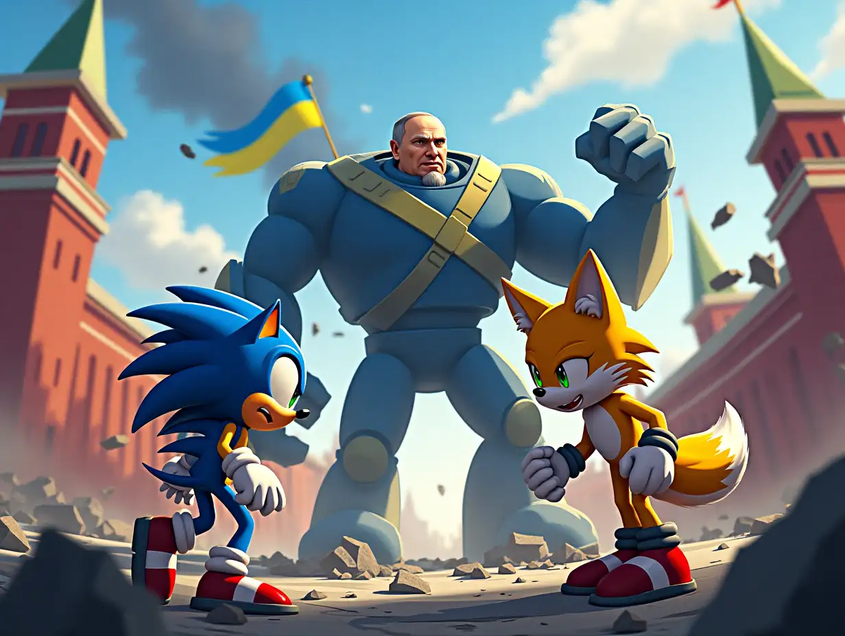 Depict Sonic and a Fox-like character battling a boss modeled after Vladimir Putin on a Red Square-inspired level, rendered in blue and yellow (the colors of the Ukrainian flag). The scene features military equipment, wreckage, and symbolic details amidst intense combat chaos.