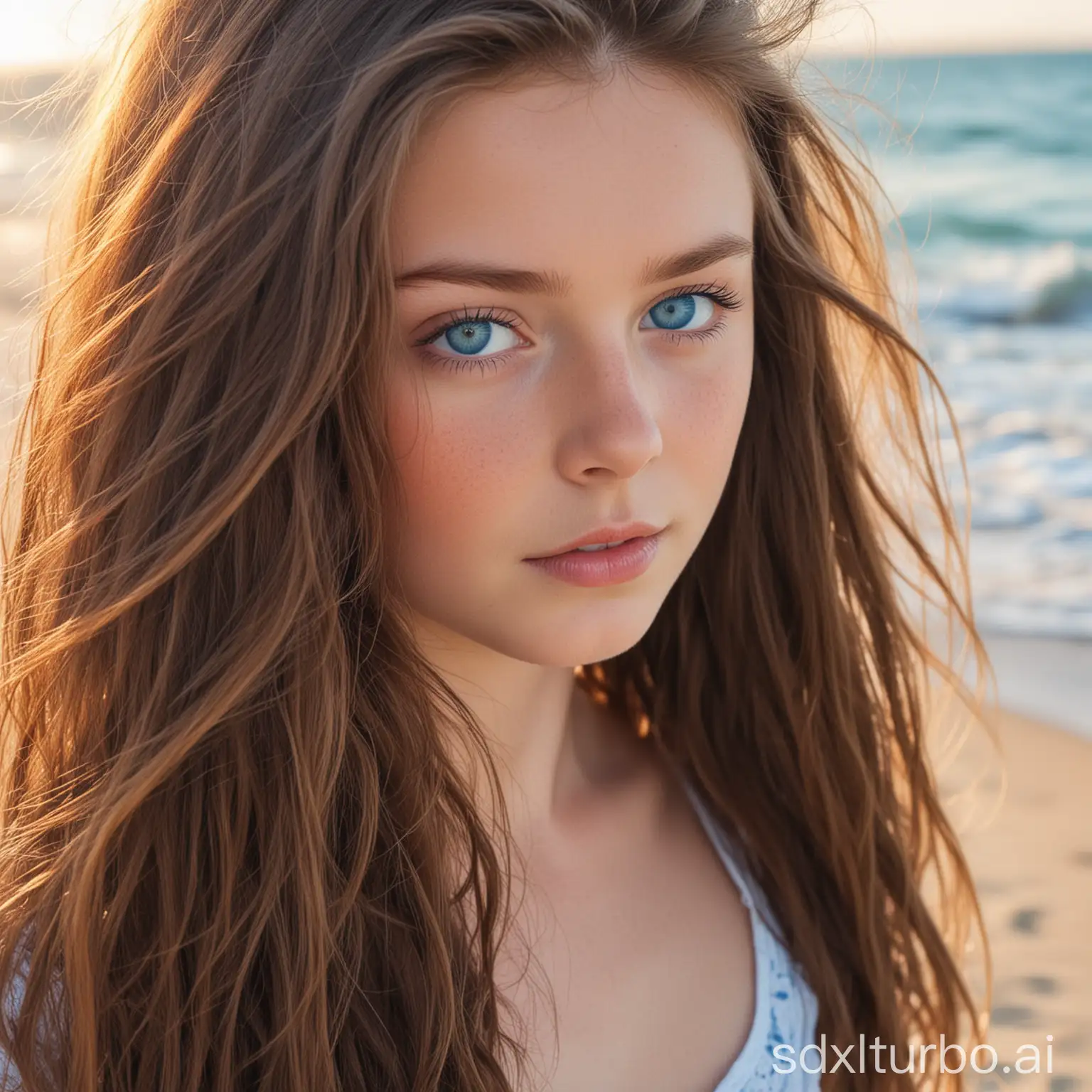 Girl-with-Long-Brown-Hair-and-Blue-Eyes-Enjoying-Beach-Day