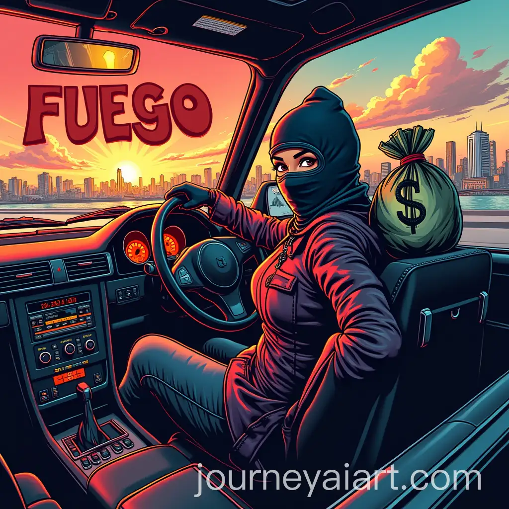 Comic-Style-Artwork-Girl-Driving-Drop-Top-Escalade-with-Bag-of-Cash-in-City-Background