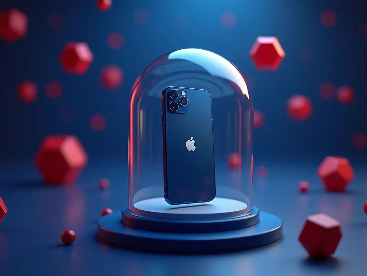 A sleek Iphone floating inside a glass dome. A deep blue backdrop colors super detailed rendition. Raw photography. Red hexagon 3D shapes with rounded corners floating all over outside the glass dome in the background.