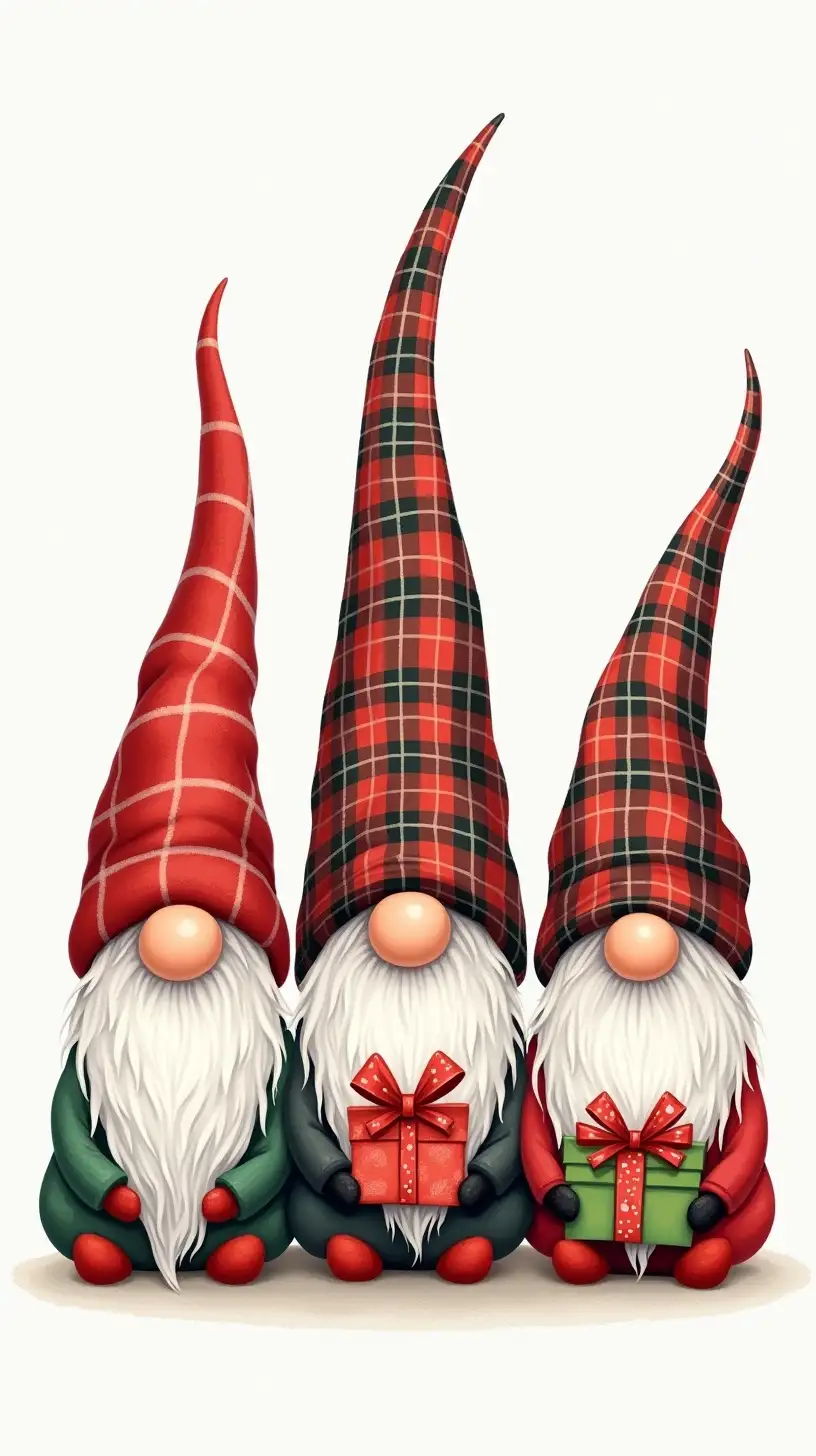 Charming Christmas Gnomes with Colorful Plaid Hats and Gifts