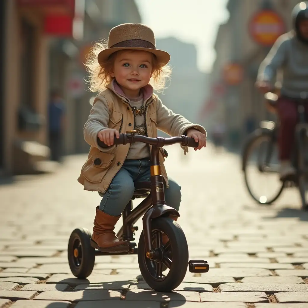 Steampunk little girl riding tricycle by the sidewalk