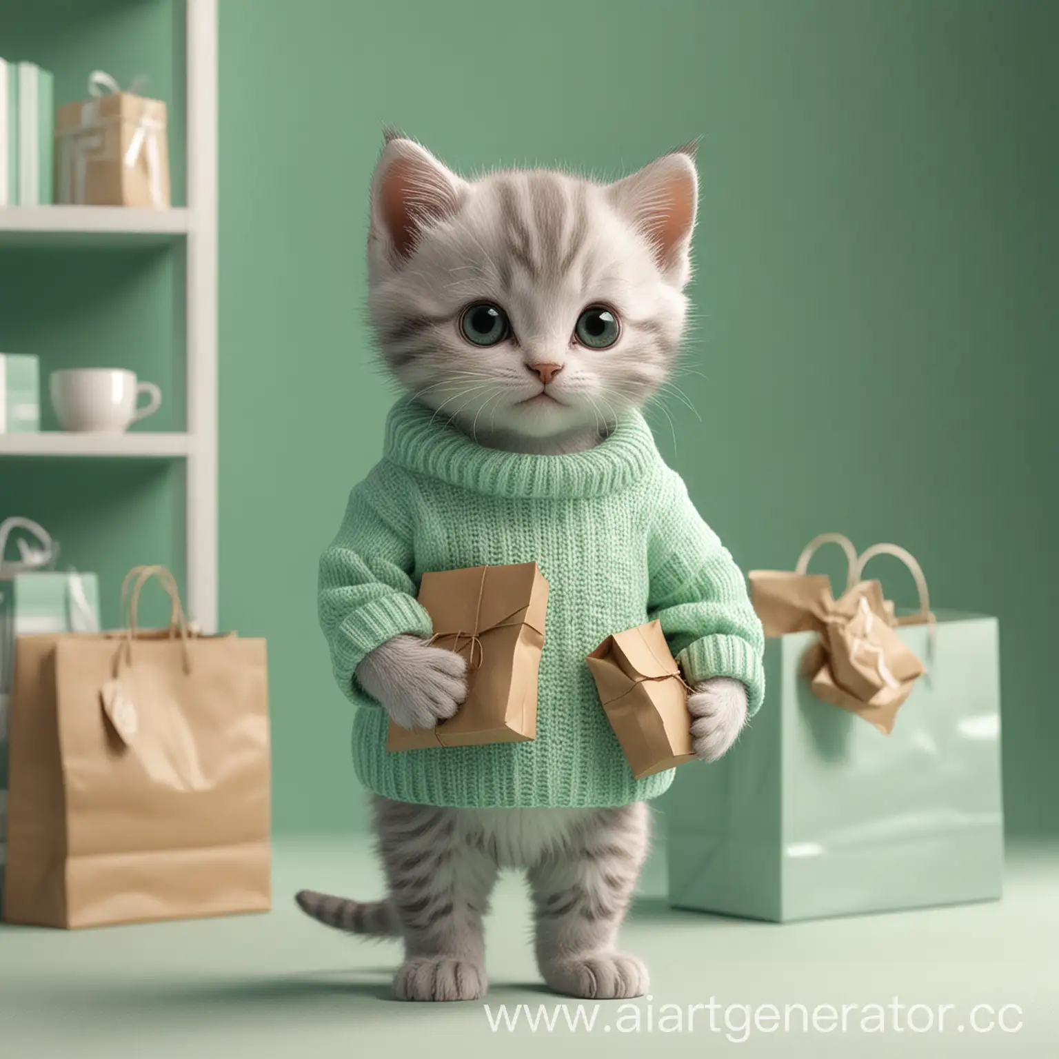 Adorable-Kitten-in-MintGreen-Sweater-Holding-Clothing-Store-Packages