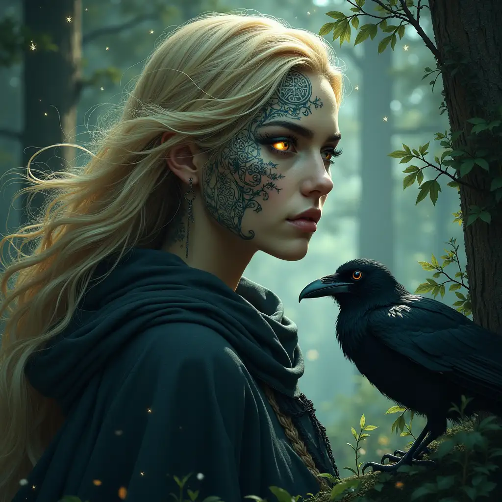 An ethereal portrait of Fidelma merging with the natural world—her blonde hair becoming rivers, her face tattooed, her face is intimidating yet beautiful, Dark and shadowy, her cloak blending with forest and stars. A crow or raven perched nearby. Her eyes glow faintly. Symbols of Celtic knots, triple spirals, and ancient glyphs flow around her. Otherworldly, archetypal, spiritual. Dark, mystical, and mysterious atmosphere.