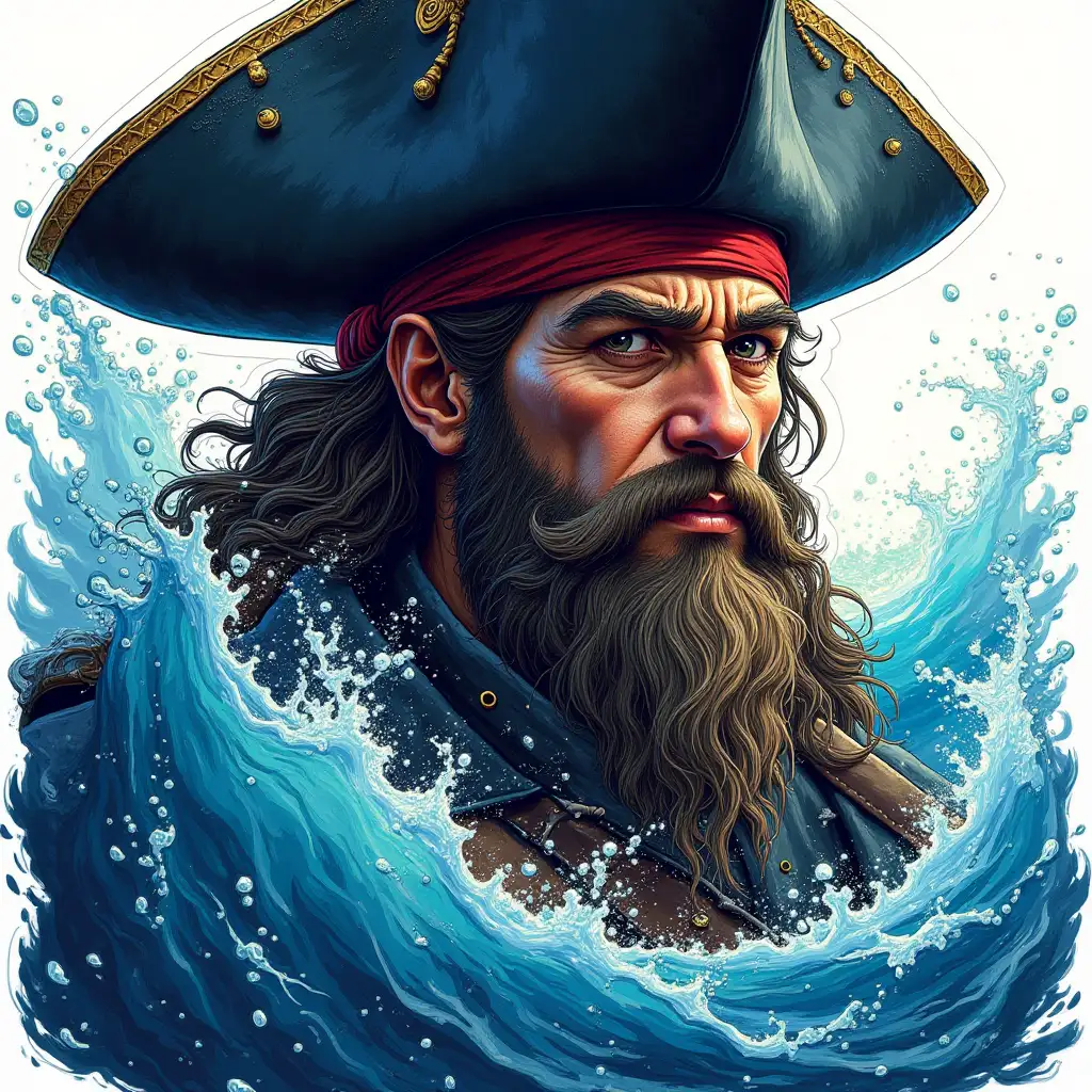 Highly detailed fantasy pirate, sticker-style image, color of the sea wave, bright light, line drawing, super-detailed artistic style, bearded face, splashes of water, colored splashes, sea splashes, black ink, melting texture, glowing, flickering, shadows, oil on canvas, brush strokes, smooth, ultra-high resolution, extremely sharp focus, very detailed, bright, character visualization in cinematic style, pirate portrait stickers