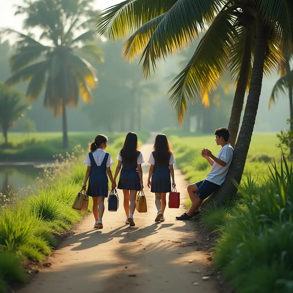 A cinematic rural scene on a narrow paved village road surrounded by green fields and trees. School girls in traditional school uniform are walking and smiling, holding schoolbags, looking sideways. A teenage boy is leaning against a coconut tree beside a quiet pond, romantically gazing at the girls. The background is filled with trees, soft afternoon light, and a peaceful countryside vibe. The scene has a dreamy, romantic atmosphere, with natural colors and soft lighting.