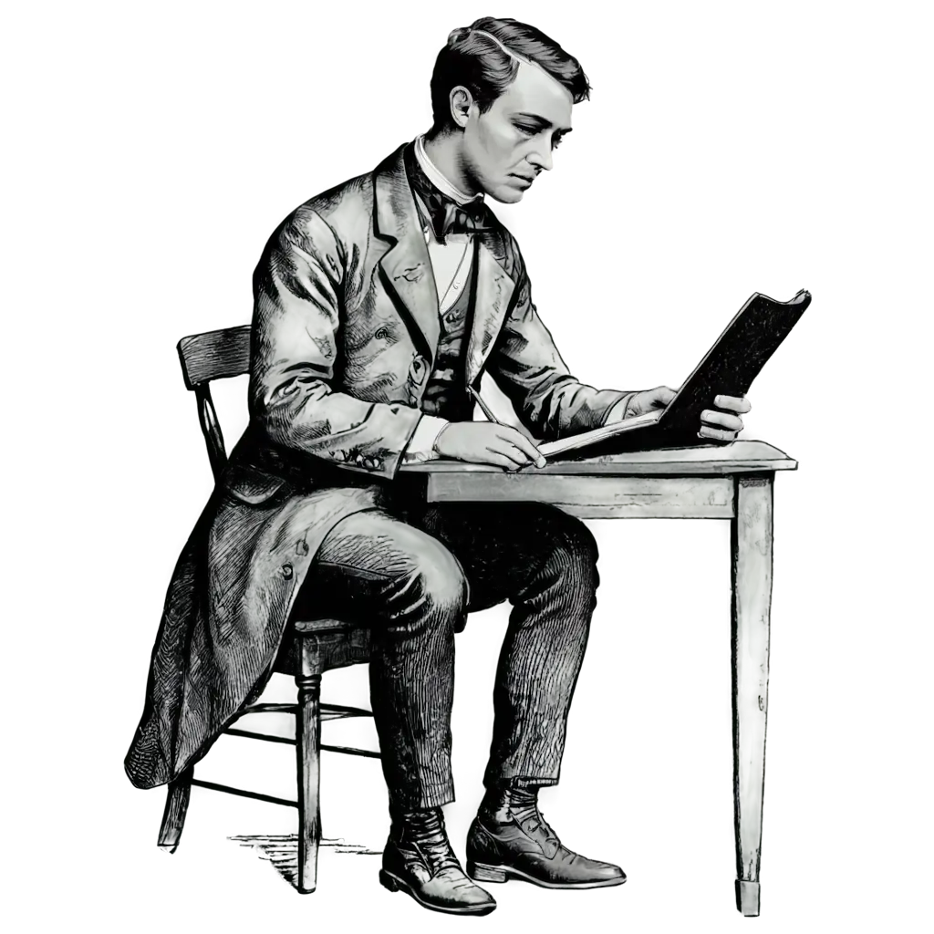 Black-and-White-PNG-Drawing-of-a-1800s-Poet-Writing-at-Desk-Sketch-Art-for-Creative-Projects