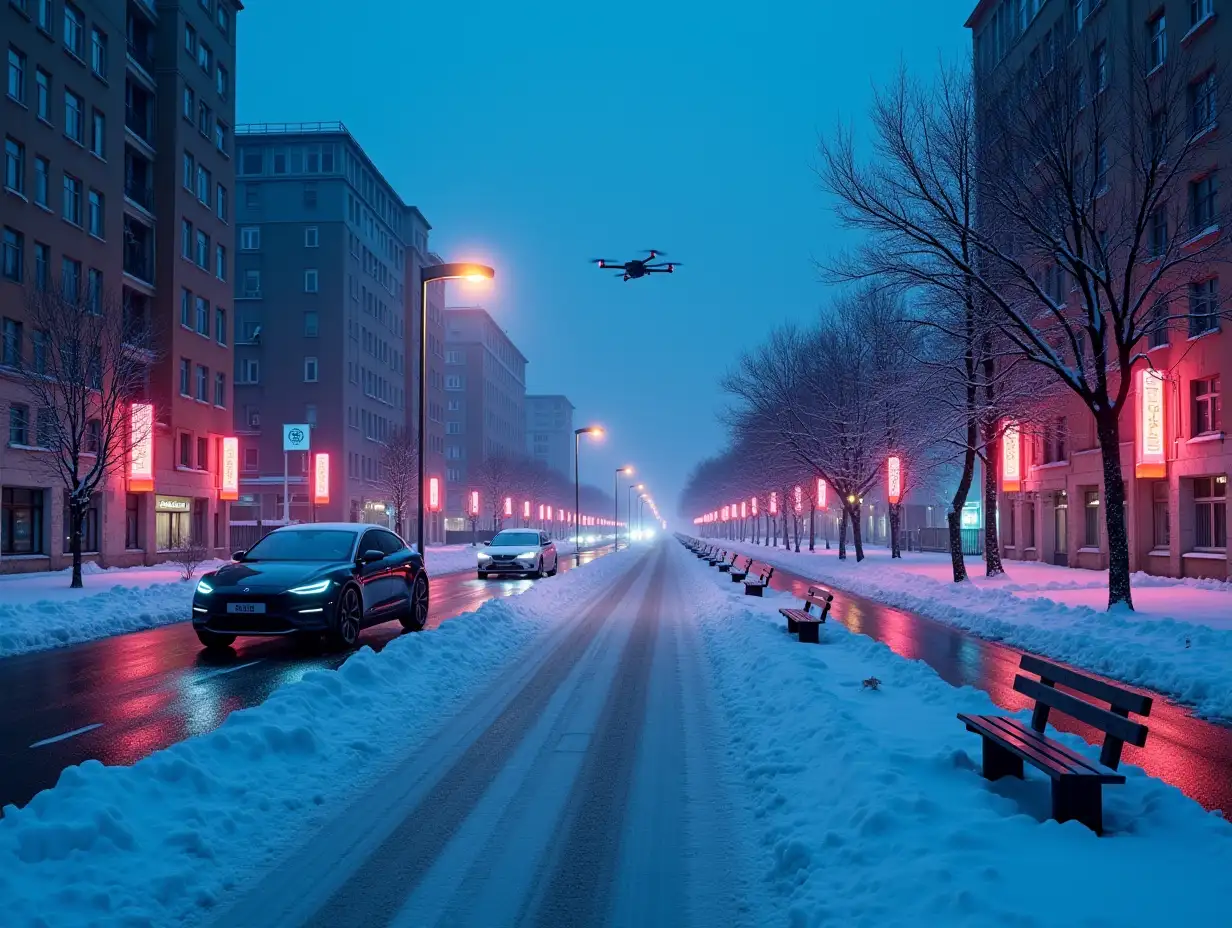 A futuristic Russian city Ryazan in winter night. The streets are empty, covered with fresh snow, and surrounded by a mix of Soviet-era buildings and sleek, modern futuristic architecture. Neon lights in blue, pink, and orange are used sparingly, making up only 20% of the overall lighting, casting soft, colorful reflections on the snowy ground. Autonomous electric vehicles are parked neatly along the sidewalks. Smart benches with subtle glowing accents line the streets, and holographic digital signs flicker gently in a cyberpunk style. The bioactive pavement emits a faint glow, blending naturally with the muted winter tones. Drones hover silently in the cold air, their dim lights adding to the ambient glow. The atmosphere is quiet, serene, and balanced, with neon highlights accentuating the wintery, futuristic environment without overwhelming it.