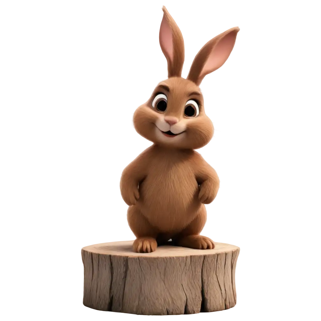 Pixar style. A cute little brown bunny. looking its left side, sits on a top of a tree stump happily.