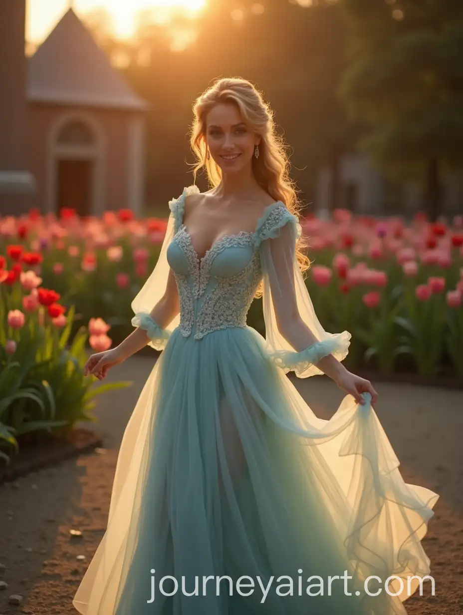 Dutch-Princess-Dancing-in-Tulip-Garden-at-Sunset-in-Royal-Gown