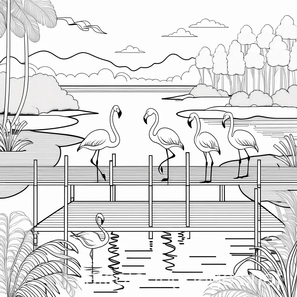 three docks floating in the river and a flamingo, Coloring Page, black and white, line art, white background, Simplicity, Ample White Space. The background of the coloring page is plain white to make it easy for young children to color within the lines. The outlines of all the subjects are easy to distinguish, making it simple for kids to color without too much difficulty