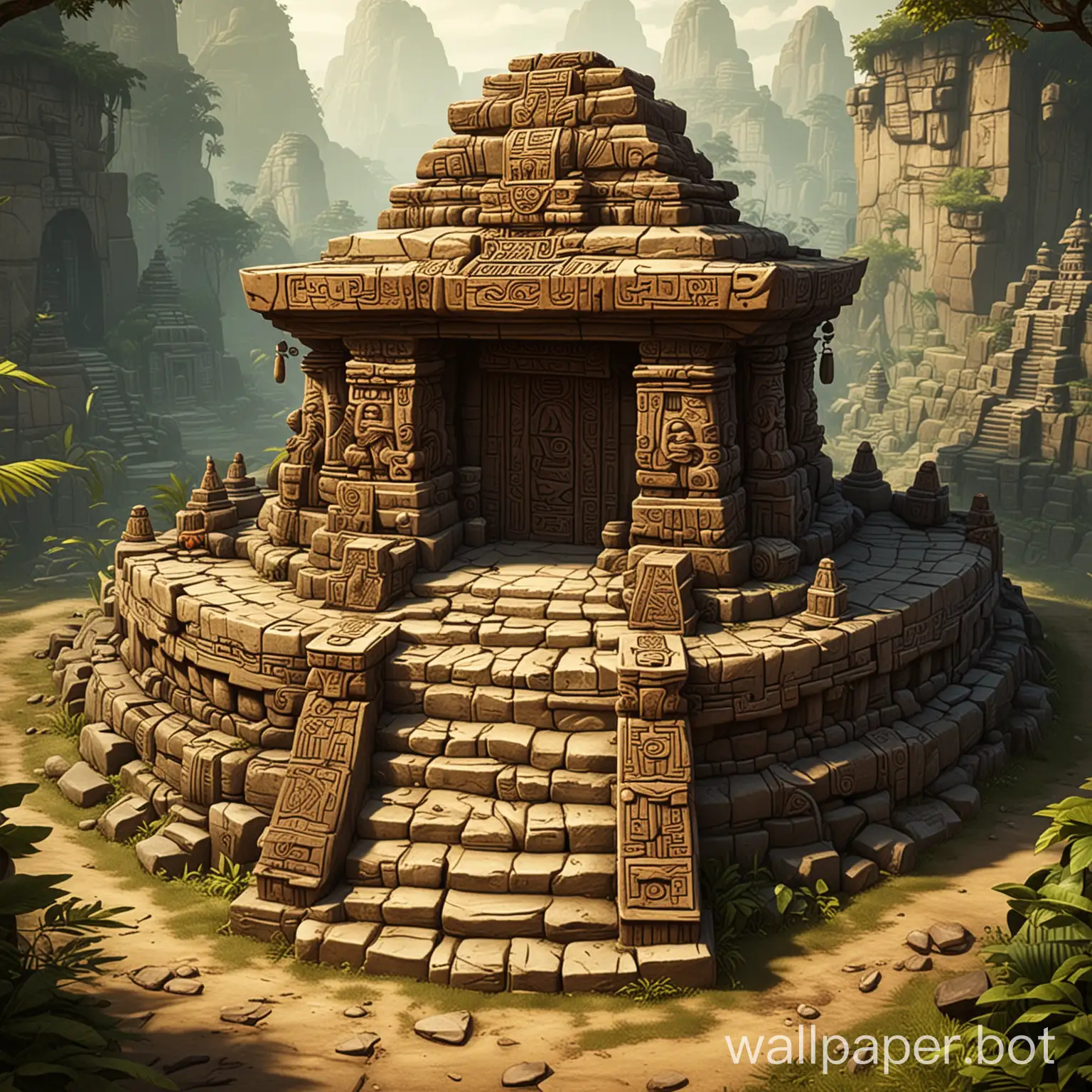 tribal temple in the art style of the 2003 game zuma