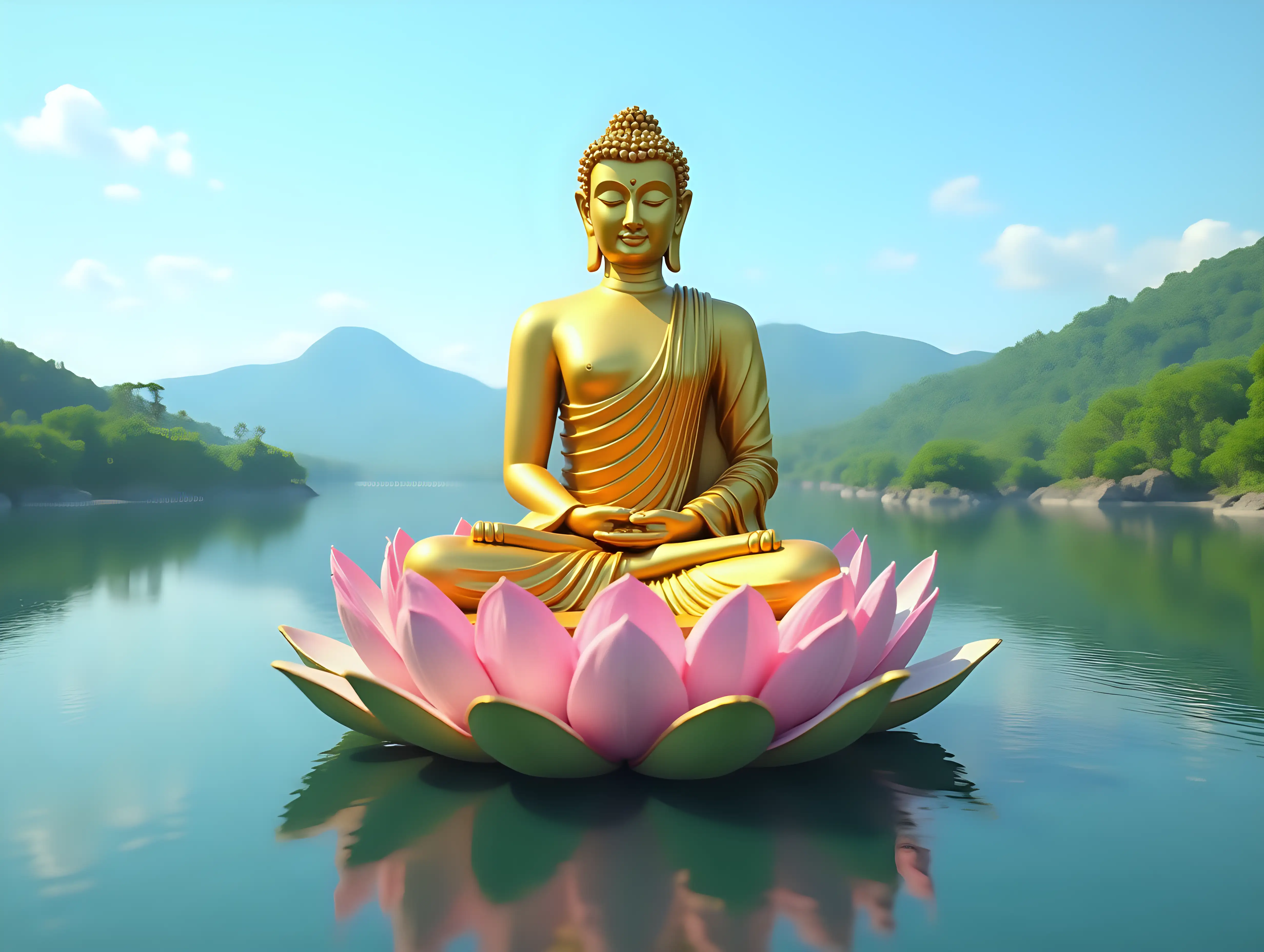 a 3d image of a giant golden meditating Buddha statue sitting in a giant blooming lotus flower in the middle of a lake, clear blue sky and lush green landscape, 8k, ultrarealistic, masterpiece, natural light, sharp focus