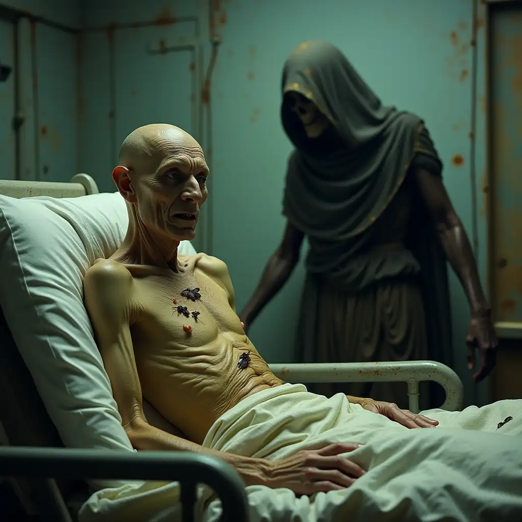 An extremely thin, yellow-skinned, bald, injured terminal cancer patient receiving chemotherapy in an old dirty hospital full of cockroaches and dung. In the background, an enraged grim reaper.