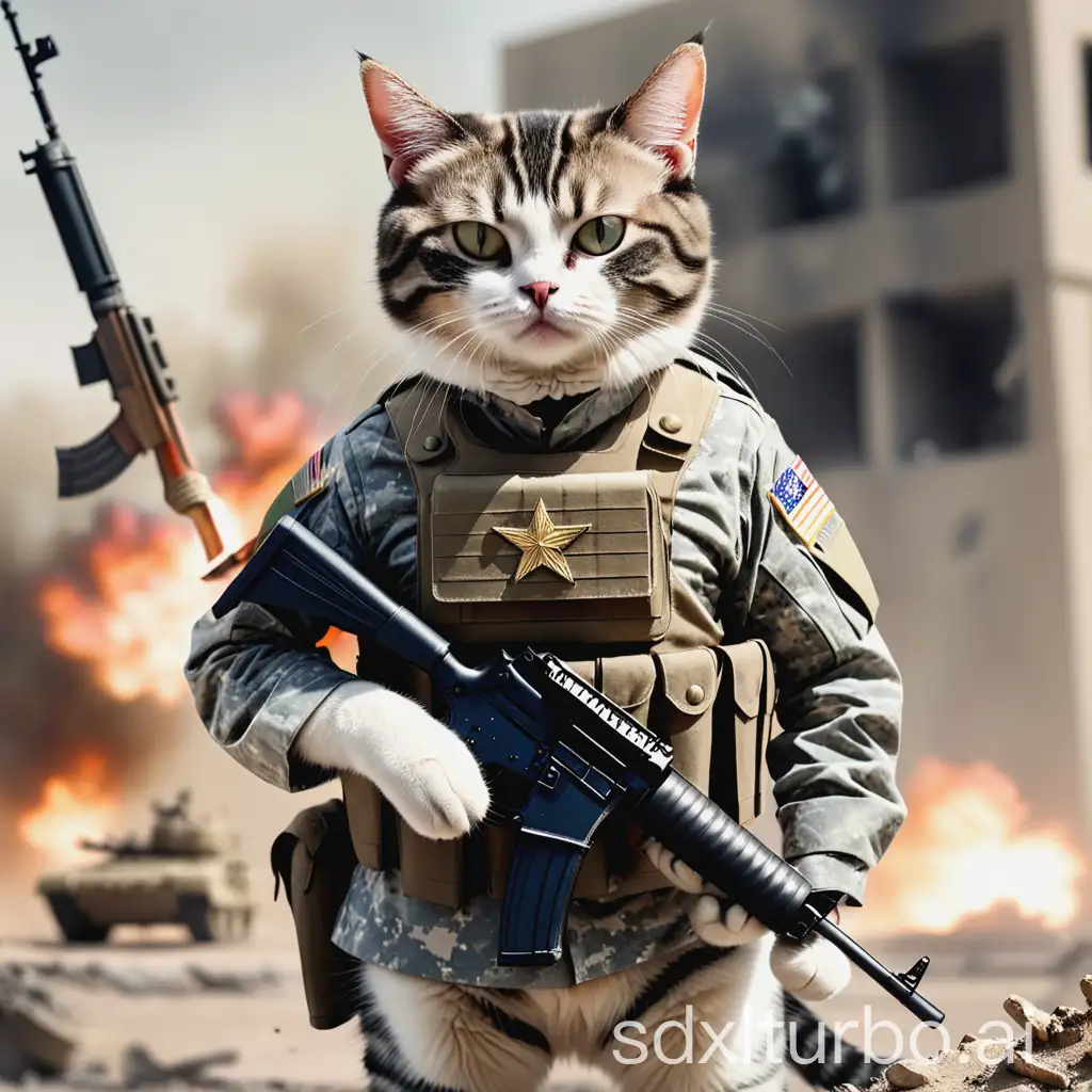 a cat wears an American military uniform and holds a weapon in a battlefield