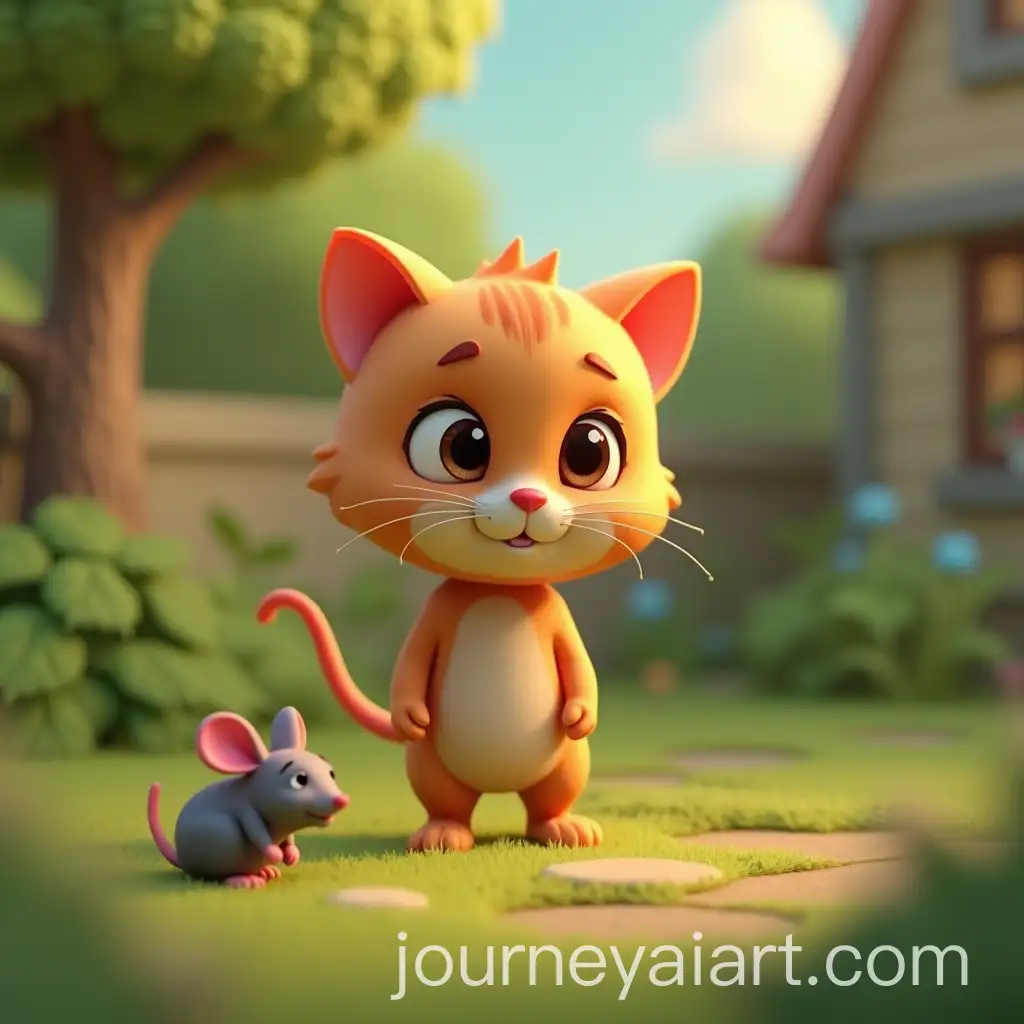 Curious-Cartoon-Cat-Encounters-Rat-in-Garden