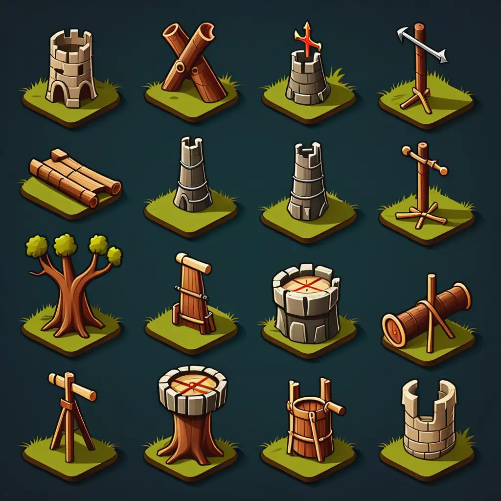 Medieval-Siege-Weapon-Game-Icons-with-Tree-Trunk-Design