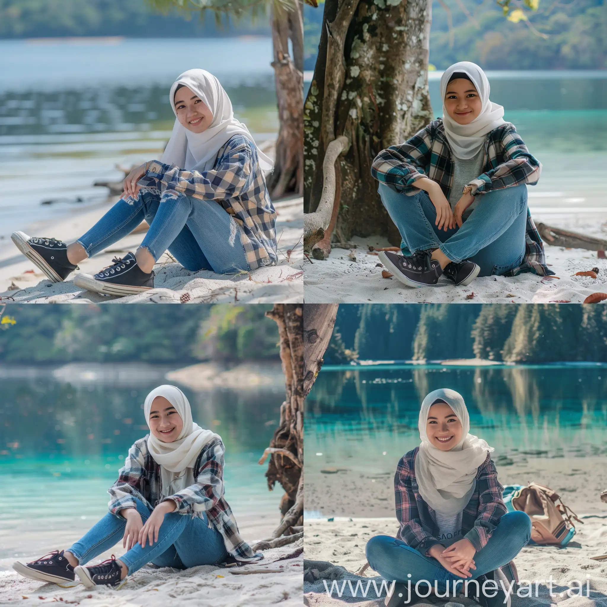 Pretty-Asian-Girl-in-Hijab-Sitting-by-Lake-and-Wilderness-Tree