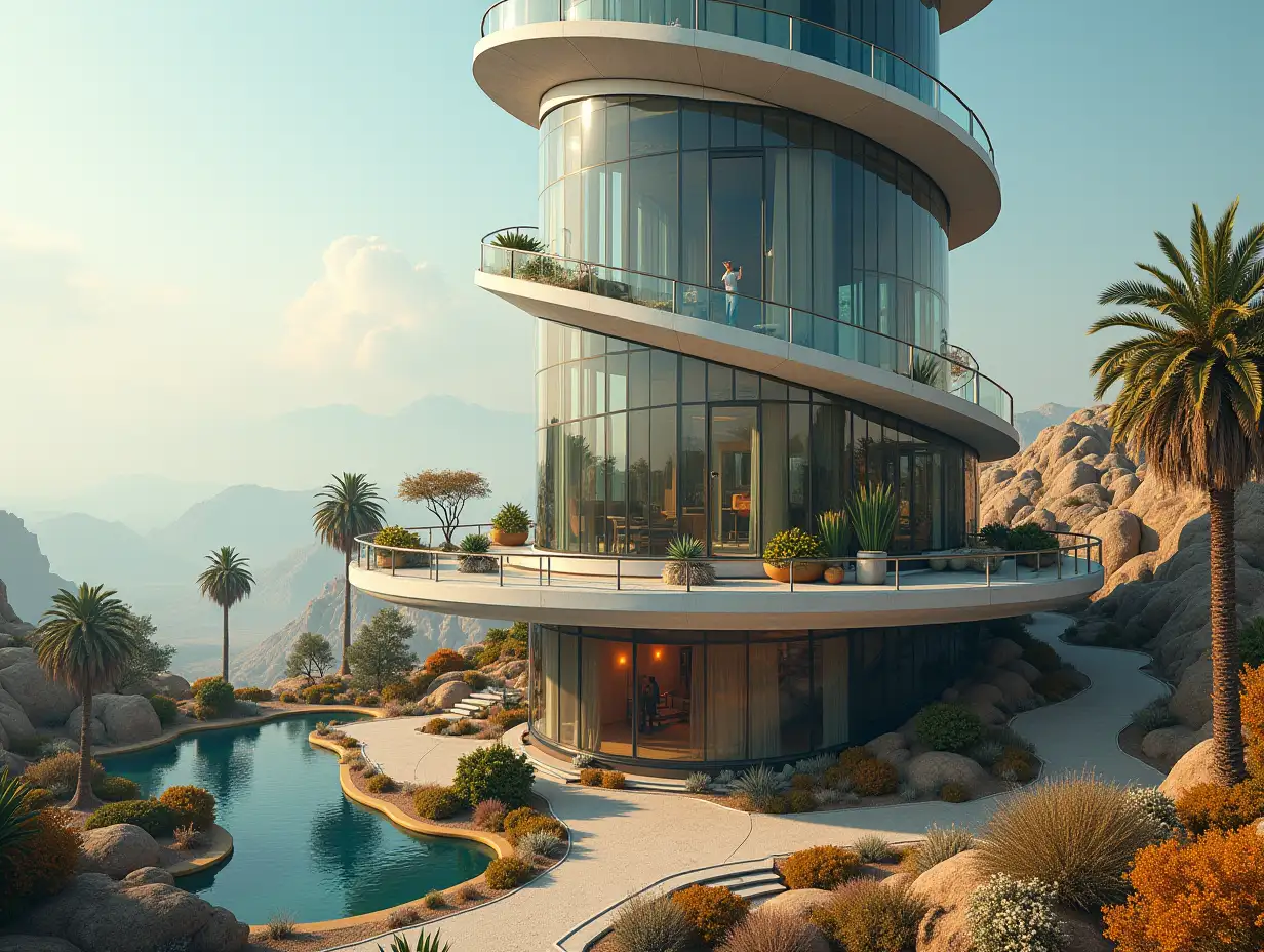 Create a high-resolution, realistic photo panoramic image from above of a spiral staircase-like glass building tower with a UFO house with a bridge, on an island with people, many plants and colorful flowers white and brown facades in front of the desert oasis, large trees, very cloudy sky