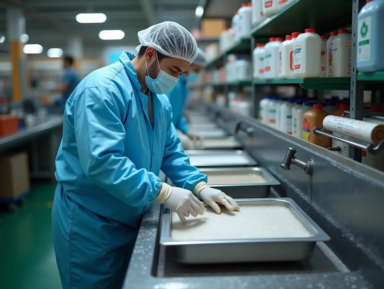 Create an image illustrating the process of washing silk screen cylinders and squeegees in production. In the foreground, show a worker in protective clothing and gloves carefully cleaning a manual silk screen cylinder washer in special basins after glitter. Behind him should be another worker cleaning printing rollers in an ultrasonic bath. In the background, place racks with containers of PVC plasticizer and water-based paints that also need to be hand washed. Include quality control stages after each wash to emphasize the importance of quality and attention to detail throughout the entire process.