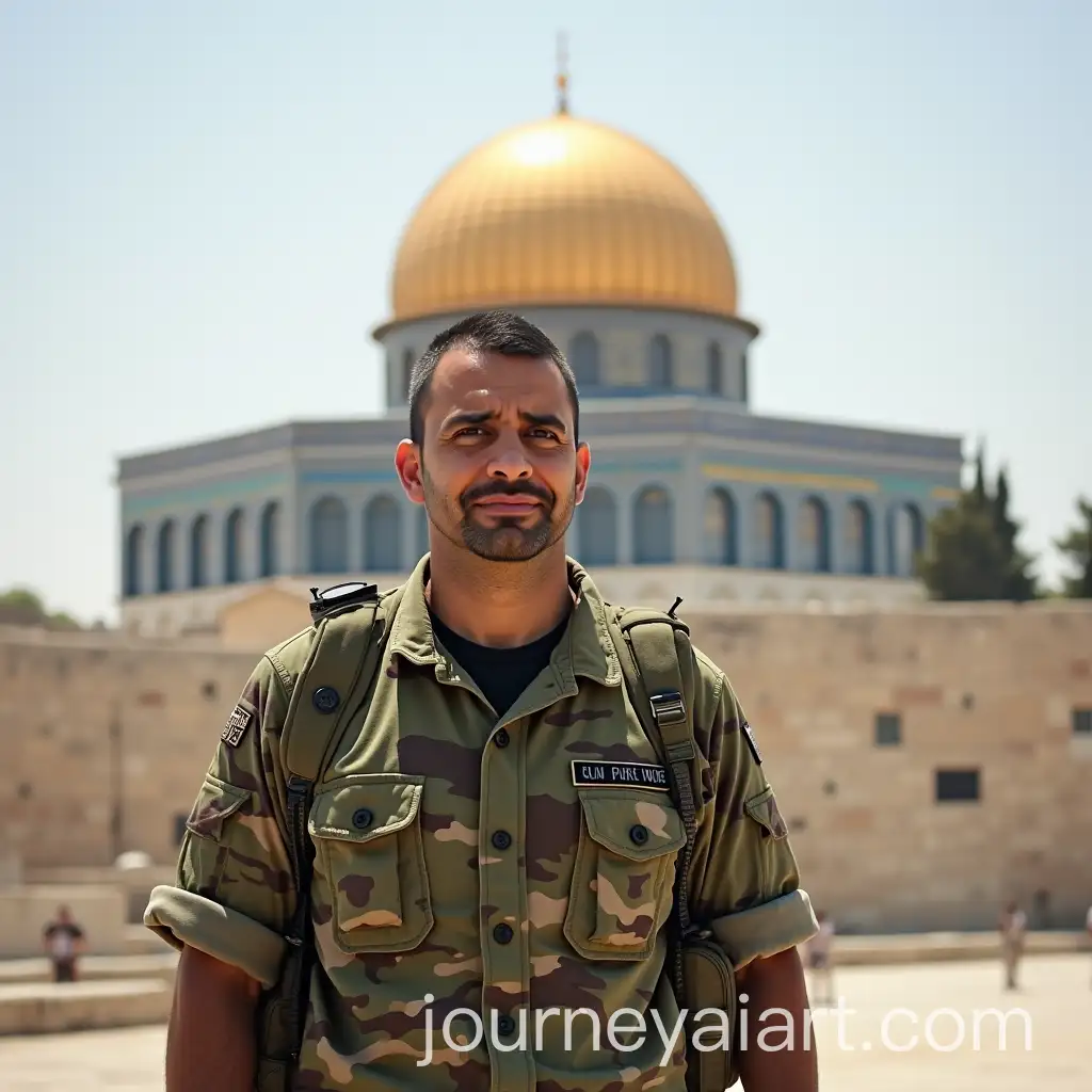Soldier-in-Camouflage-Shirt-with-Dome-of-the-Rock-in-Palestine-Background