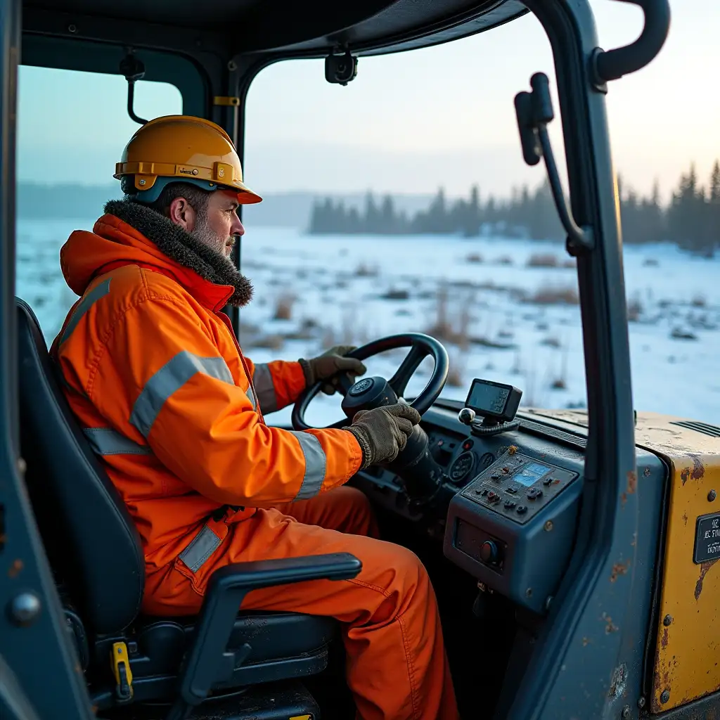 A realistic image of a bulldozer driver at work. A man in bright overalls (orange or blue), with a helmet. He is in the cab of a bulldozer, controlling the machinery, overcoming difficult terrain (snow, mud or marsh). In the background - harsh nature: snowy plain, forest or tundra. Lighting is natural, focusing on details of technology and workwear. Style - photorealism.