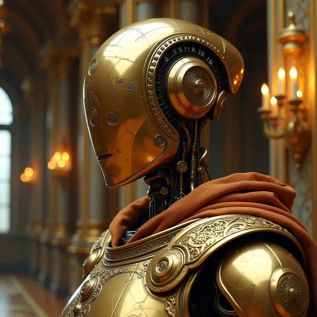 An ultra-realistic studio-level photograph of a robot with a shining golden metal body, designed with a creatively minimalistic metallic face. The face features no human-like elements such as a nose, lips, or ears, but instead showcases intricate, etched patterns—a blend of sleek circuitry and ornate filigree—giving it a unique, futuristic elegance. The robot wears the opulent attire of an ancient European war general, complete with richly embroidered fabrics, detailed armor accents, and decorative embellishments that evoke authority and regality. Precision studio lighting highlights the polished sheen of the metal body and the intricate textures of both the etchings and the luxurious clothing. The background is a grand European palace interior, featuring gilded moldings, towering columns, and dramatic chandeliers, creating a striking contrast that accentuates the fusion of historical grandeur and futuristic design