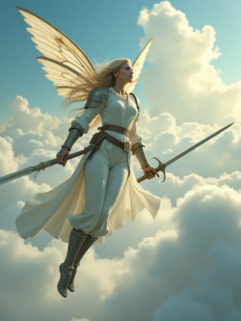 Distance image, winged fairies, giants and wizzards. Fairy women are wearing white shirt and armor. They are inspired by the styles of Ash Thorp, Ian McQue and Loish. They are with swords and bows, and flying in the air among the clouds with their fairy wings.