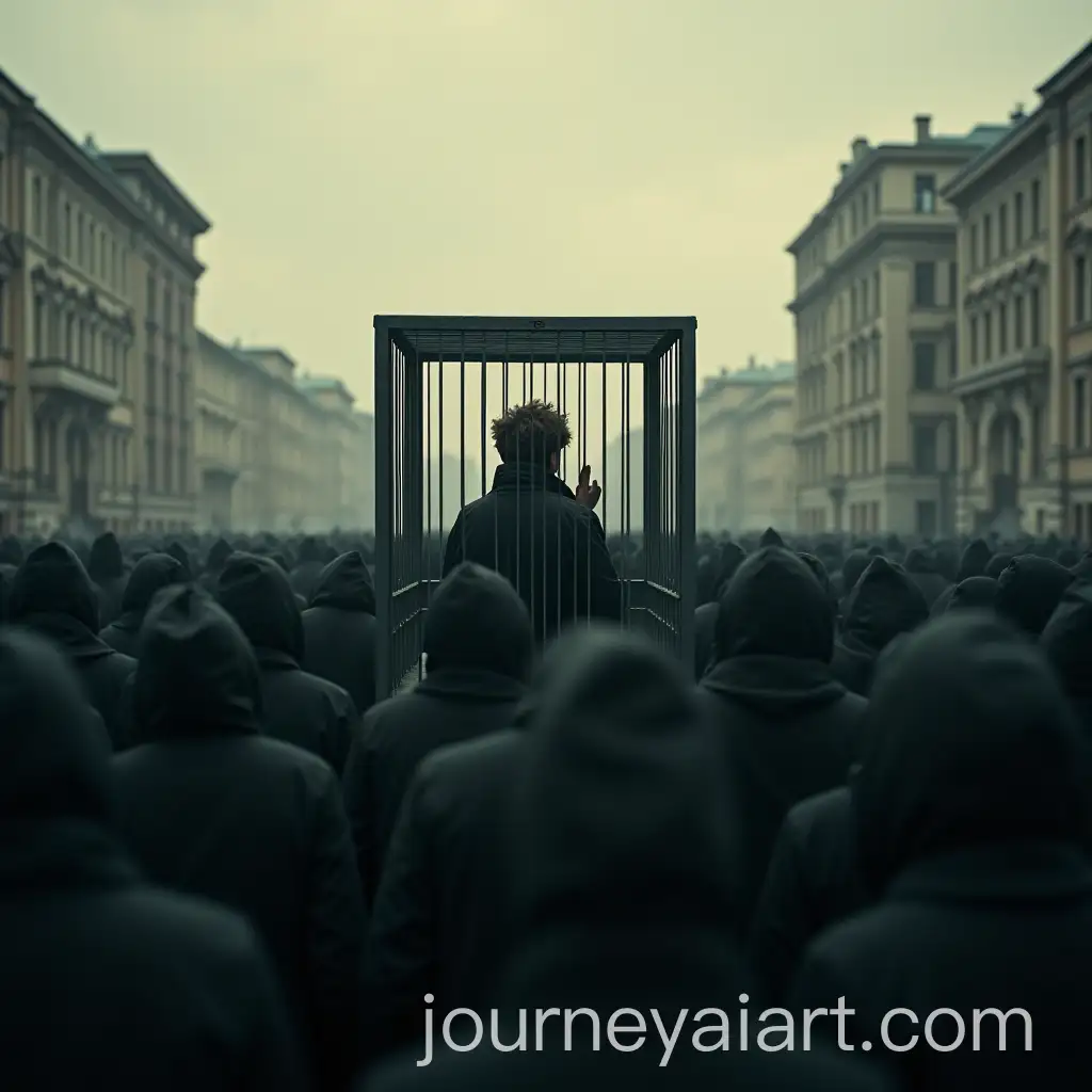 Man-in-Cage-with-Targeted-Hand-Against-Blurred-Crowd-and-Soviet-Architecture