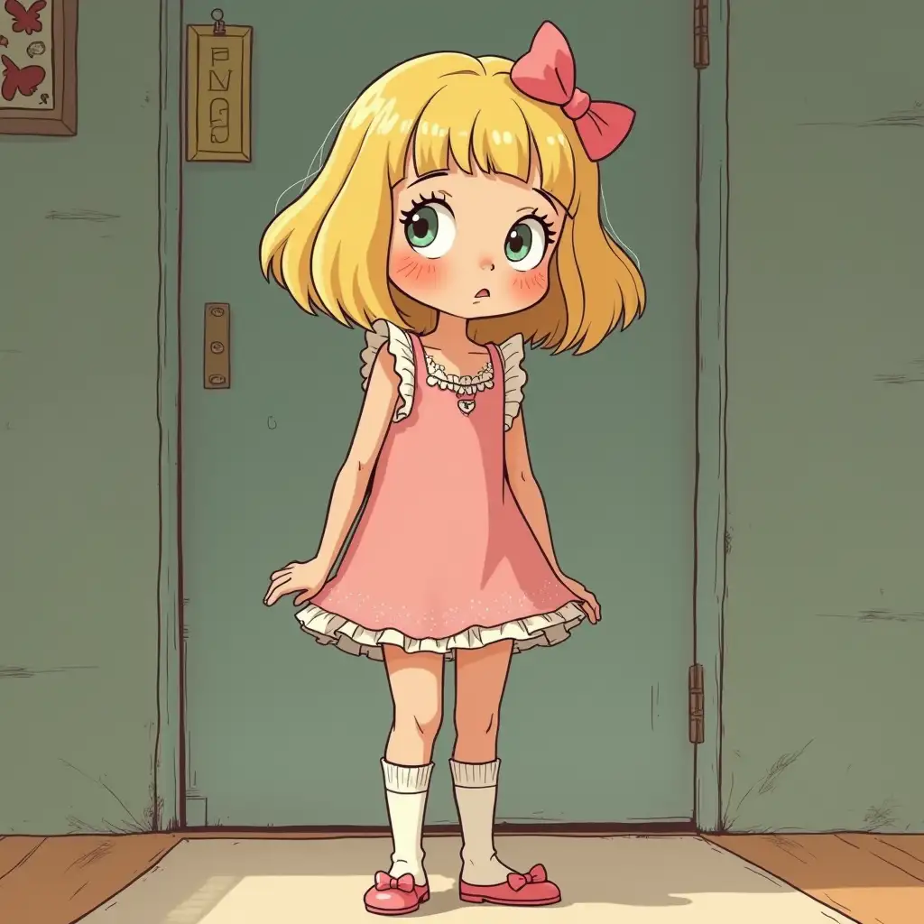 czech upa-stylized animated cartoon depiction of a nasty but adorable slim 12-year-old girl with blond hair and a bob cut. Lightweight over-the-top girly delicate short thin nightie-like clothes with moderate ruffles, fashionable knee socks, the style of clothing gives off gothic and a bit 70s, has girly elements like hair barrettes, bows and ruffles