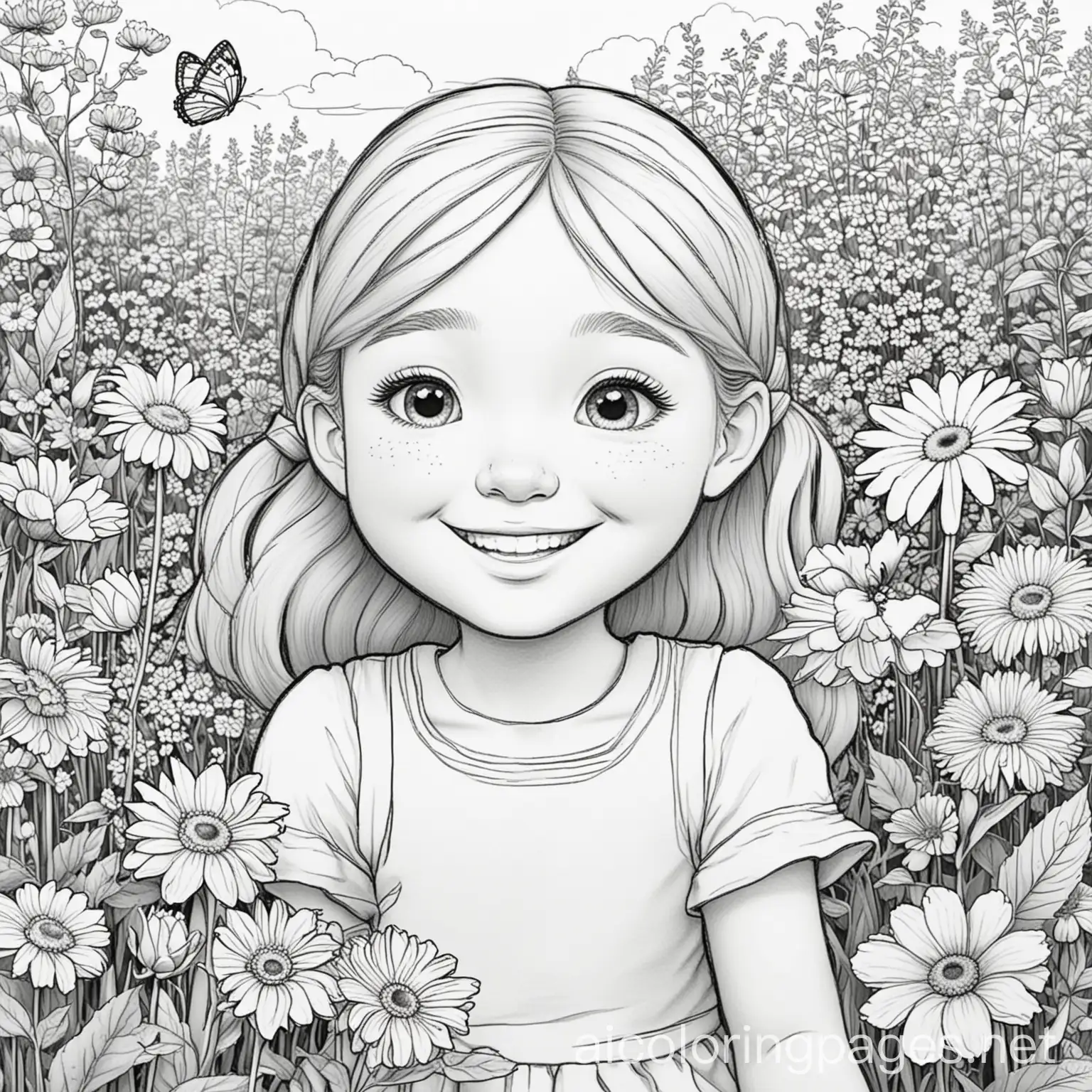 Happy-Girl-in-a-Flower-Garden-Coloring-Page