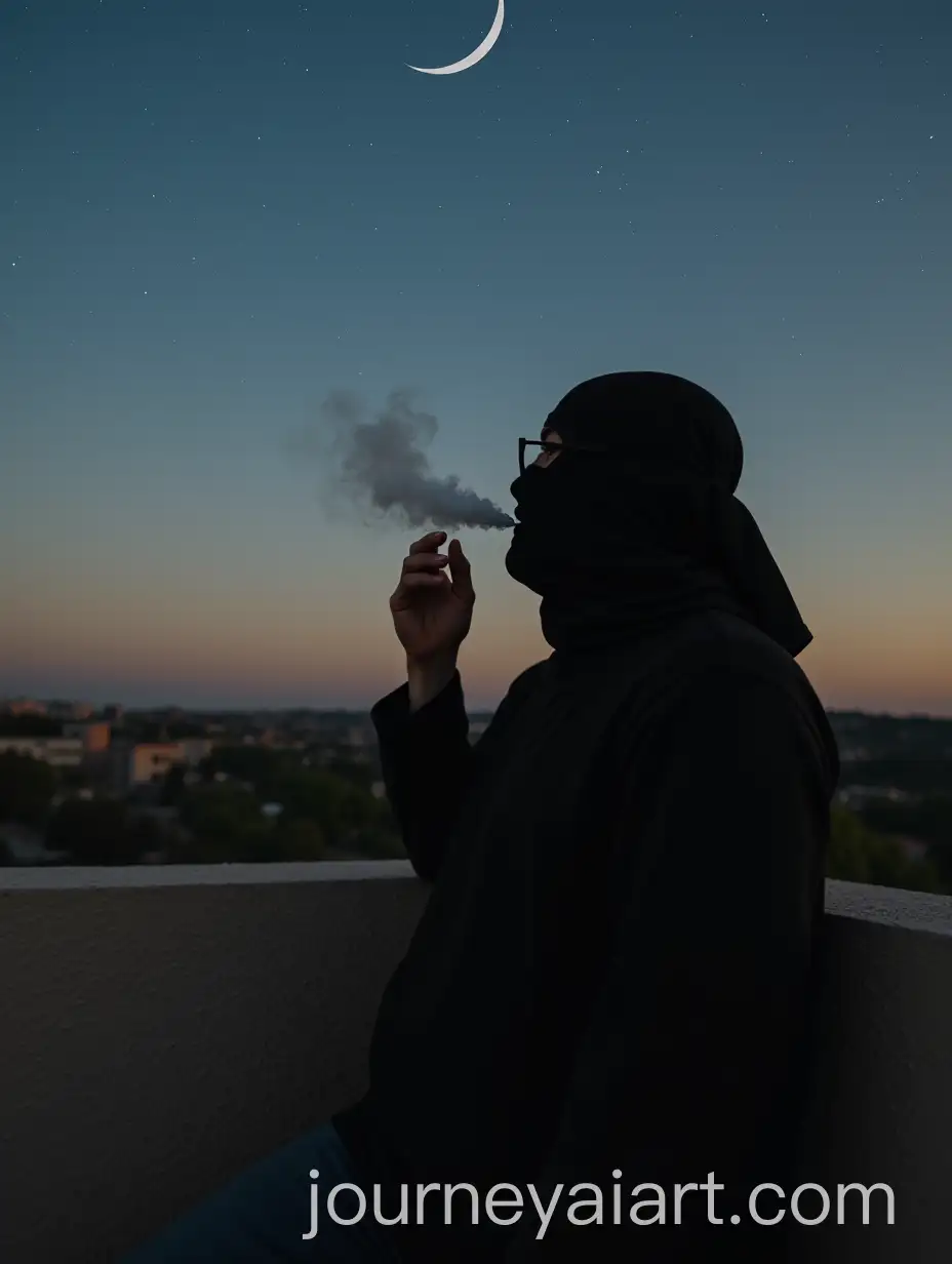 Man-in-Black-Veil-Blowing-Cigarette-Smoke-Under-Starry-Sky