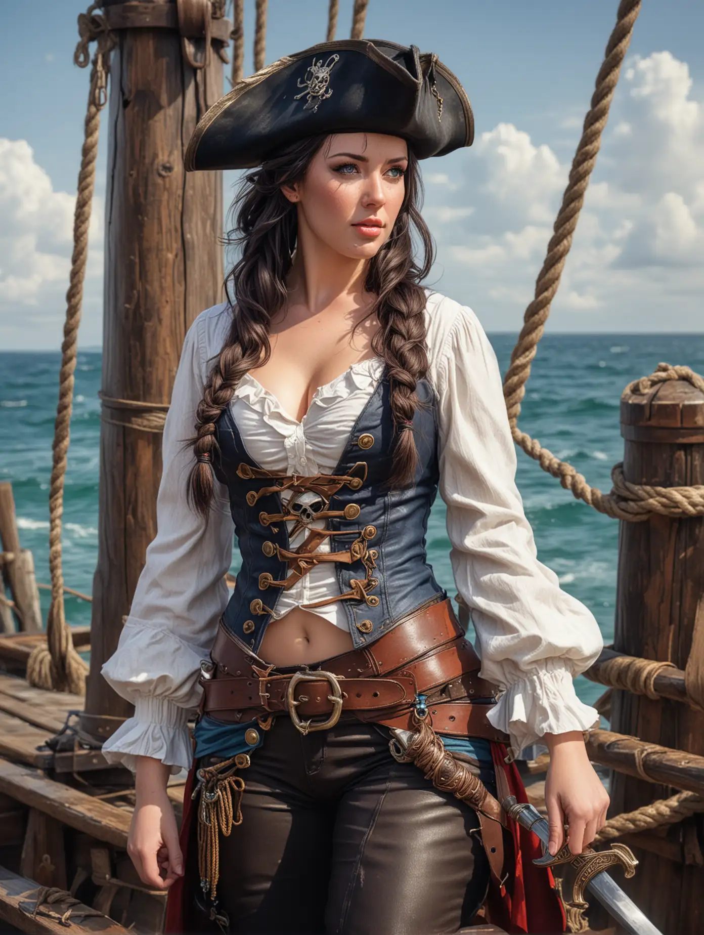 Highly detailed colored pencil sketch drawing of a beauty Angela White in cosplay as pirate warrior with braided hair, her head were covered with pirate hat and sword was in her hand, standing in dynamic action pose on the old wooden ship's deck, with splash of sea waves around her, fetai pose, full body view, intricate details, sharp focus, matte colorful organic shape, masterpiece art, high resolution, concept art