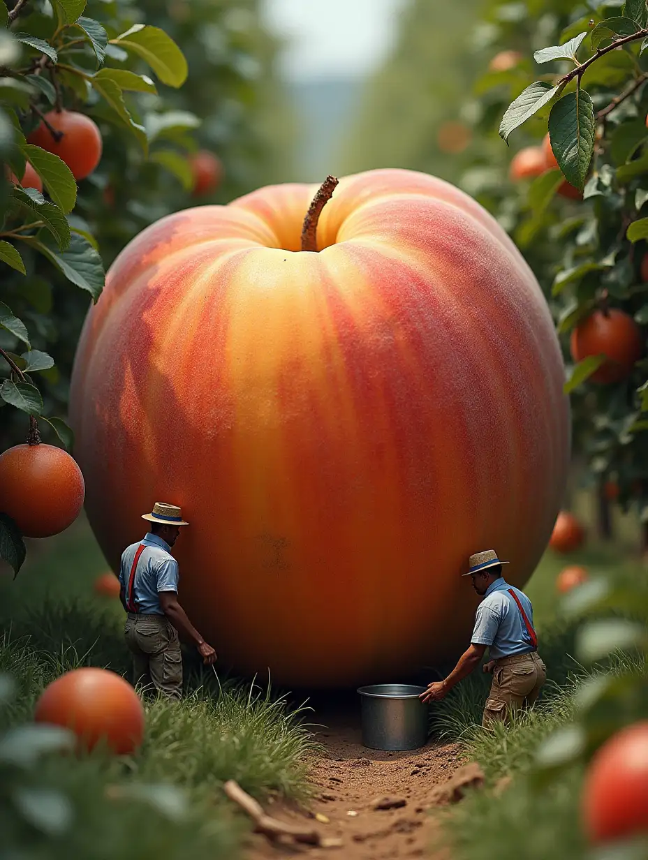 I want a micrograph of a giant peach in an orchard where some workers are extracting perfume from it.