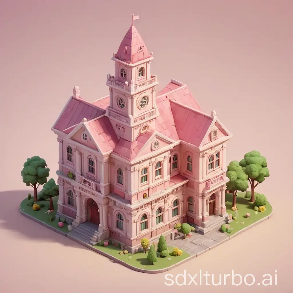 A town Hall,(3D icon)，cartoon, (simple style), clay, cute， glossy, smooth, glossy,  light pink, white, gradient, white background, highest detail, isometric view, HD, masterpiece ,professional 3d model，vibrant, beautiful, crisp, detailed, ultra detailed, intricate