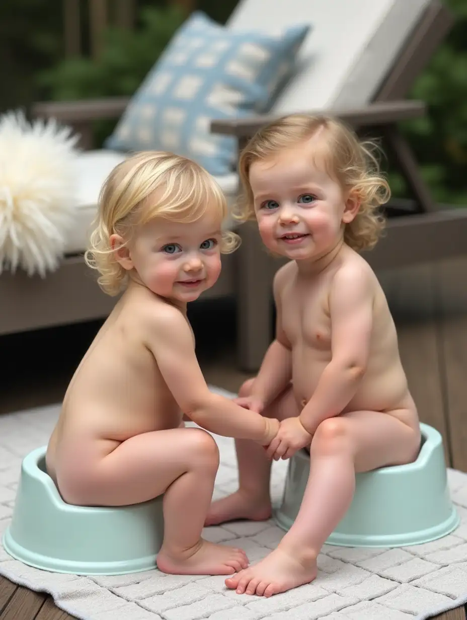 Two-Girls-Sitting-on-Potty-Chairs-on-Wooden-Deck-with-Lounge-Chair-in-Background