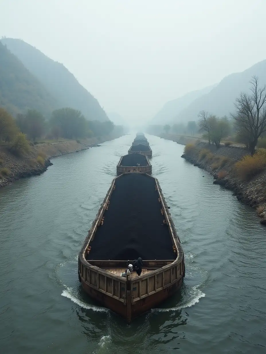 Barges carrying coal navigate the Barito river