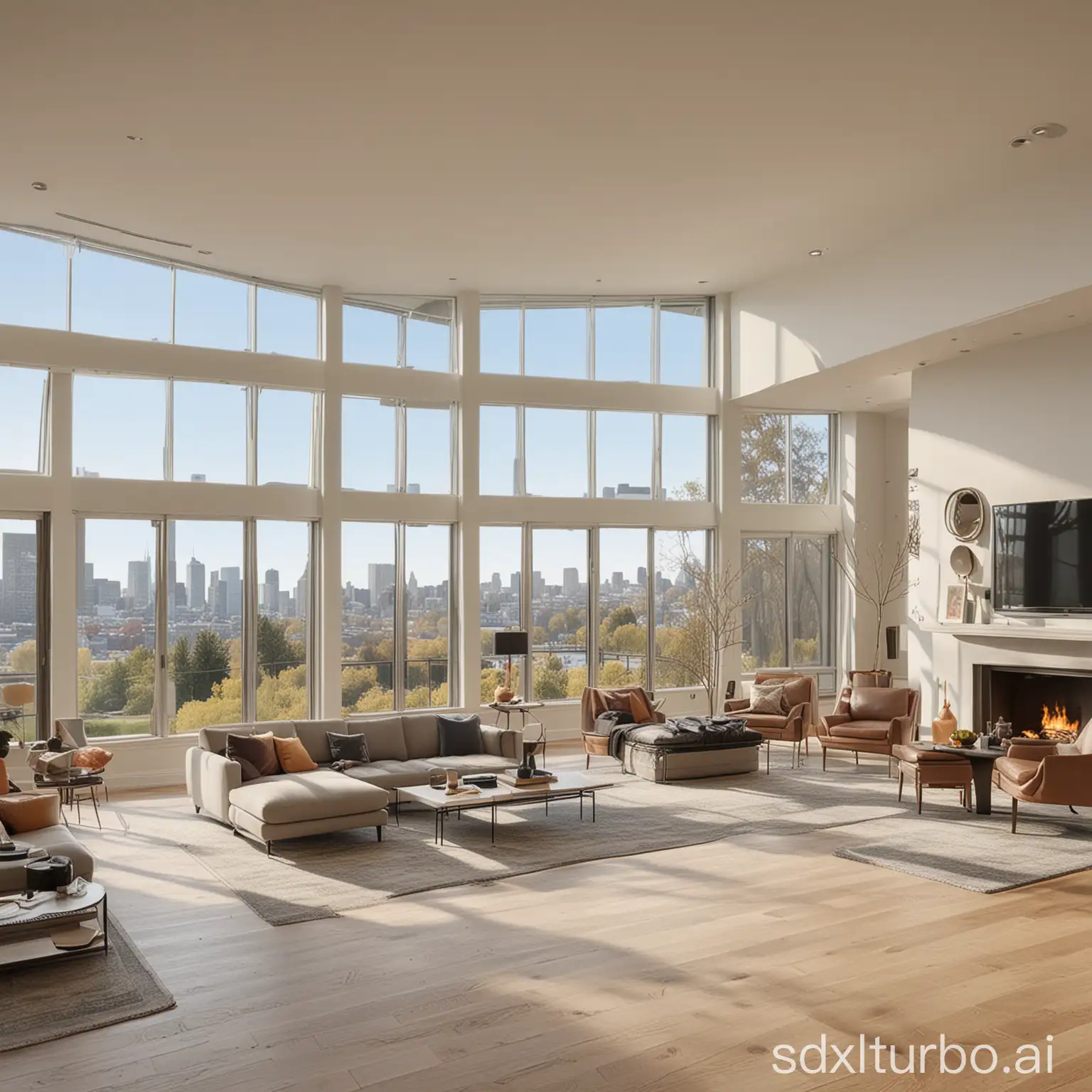 A spacious American living room with floor-to-ceiling Windows and bright views