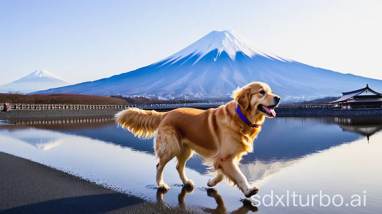 Golden-Retriever-Walking-Under-Mount-Fuji