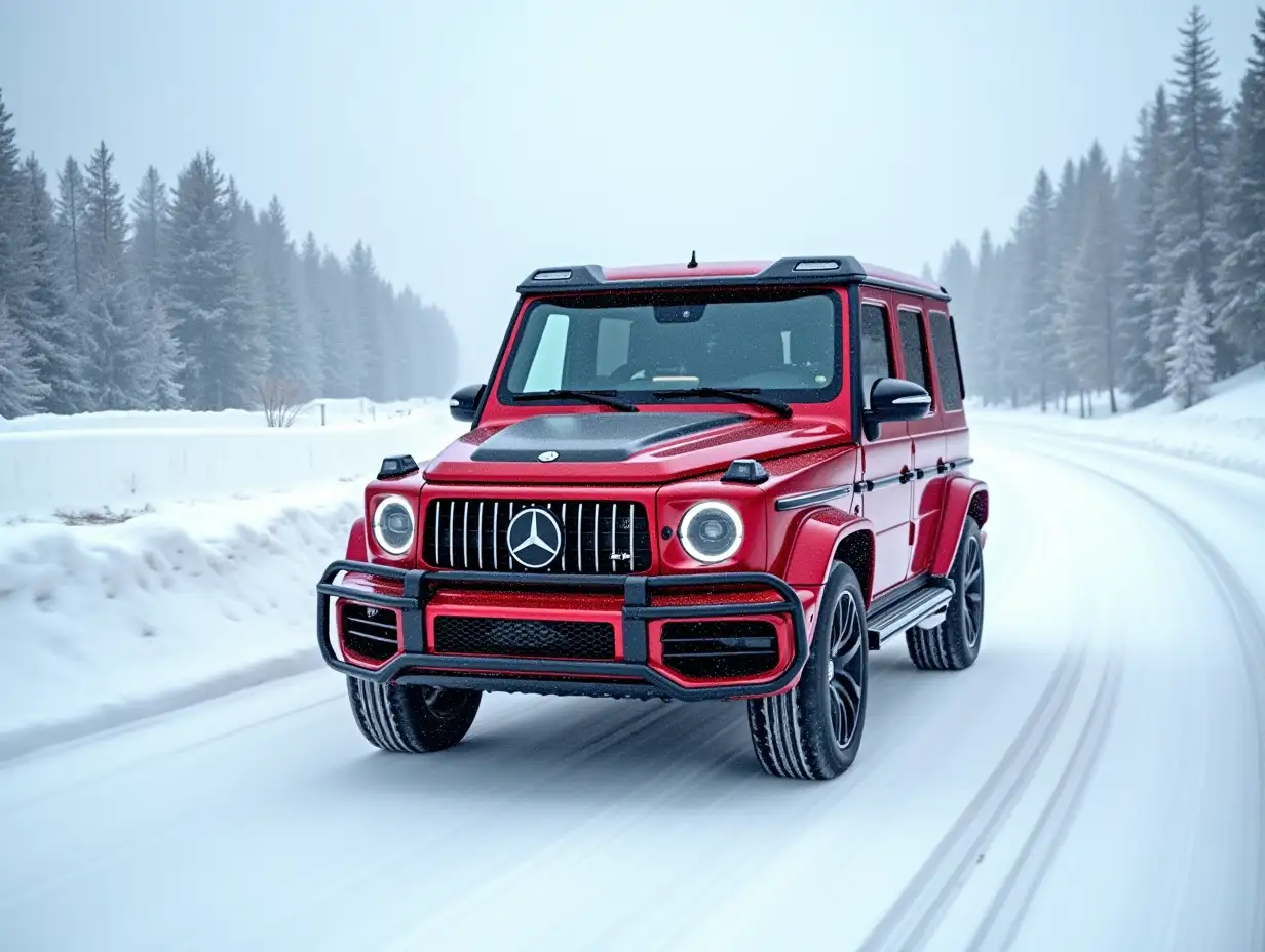 A red Mercedes G63 is driving on a snow-covered highway