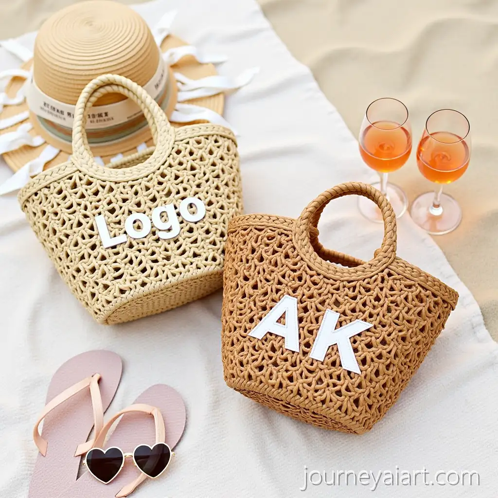 Woven-Straw-Beach-Tote-Bags-with-Wine-Glasses-and-Accessories-in-a-Casual-Beach-Setting