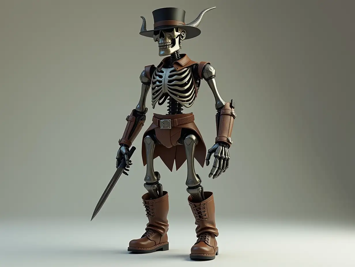 Create a high-resolution, realistic image of a robot with a skeletal body, brown leather boots and head a fashion training suit, and a knife in hand a top hat and a horn in 4K resolution